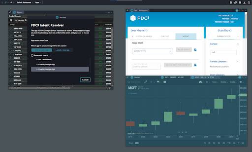 FDC3 Intent Resolver highlighting an existing application instance to indicate destination
